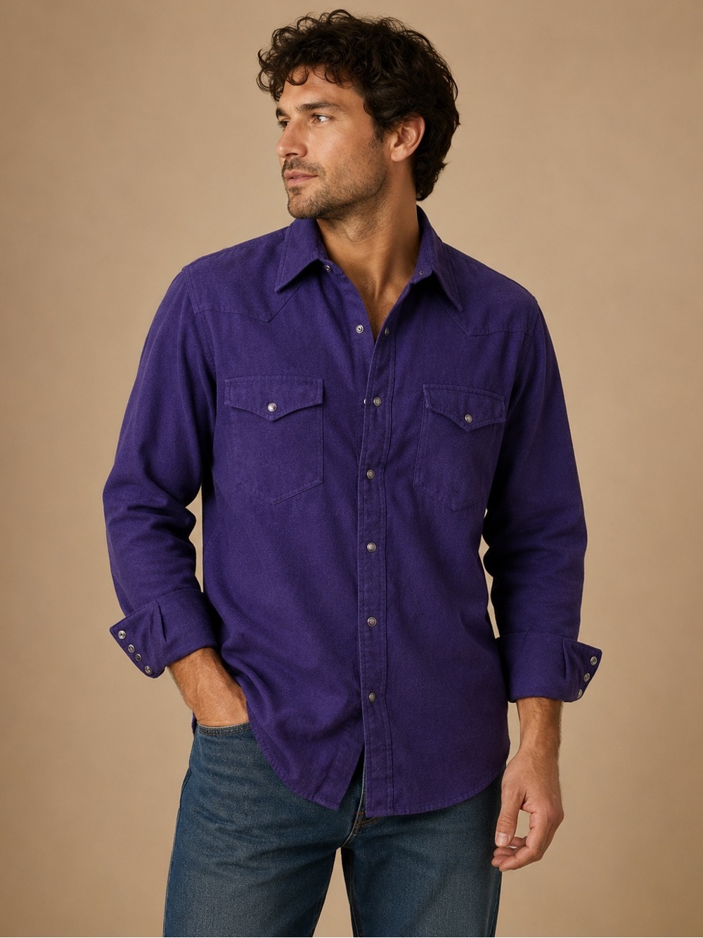 Work n' Sport Purple Western Pearl Snap Shirt Medium 100% Cotton